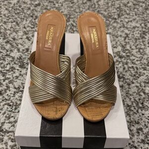 Aquazzura Gold and Tan Mules
